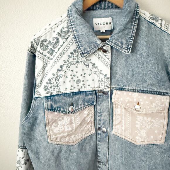 VIGOSS | NWT Bandana Paisley Denim Jean Jacket Boxy Coat Khaki Tan White | XL - Picture 2 of 8